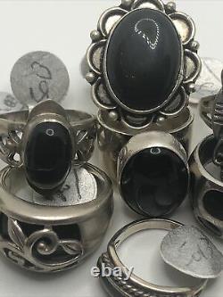 Vintage Sterling Silver Ring Lot Of 10 Onyx Native American Navajo Hand Made
