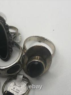 Vintage Sterling Silver Ring Lot Of 10 Onyx Native American Navajo Hand Made