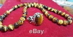 Vintage Sterling Silver Tiger Eye Ring Designer Signed Dp Made India Necklace