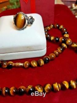 Vintage Sterling Silver Tiger Eye Ring Designer Signed Dp Made India Necklace