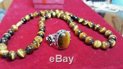 Vintage Sterling Silver Tiger Eye Ring Designer Signed Dp Made India Necklace