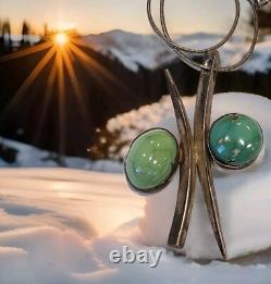 Vintage Sterling Silver Two Stone Turquoise PendantNecklace Made In Italy