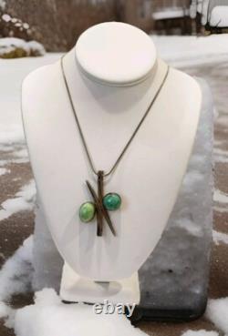 Vintage Sterling Silver Two Stone Turquoise PendantNecklace Made In Italy