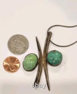 Vintage Sterling Silver Two Stone Turquoise PendantNecklace Made In Italy
