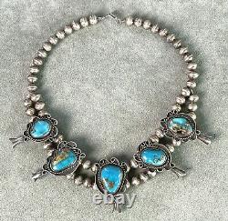 Vintage Turquoise Squash Blossom Necklace 16 Sterling Bench made Beads Navajo