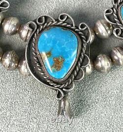 Vintage Turquoise Squash Blossom Necklace 16 Sterling Bench made Beads Navajo