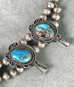 Vintage Turquoise Squash Blossom Necklace 16 Sterling Bench made Beads Navajo