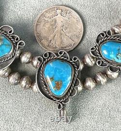 Vintage Turquoise Squash Blossom Necklace 16 Sterling Bench made Beads Navajo