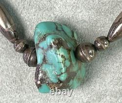 Vintage Turquoise16.5 Sterling Bead Necklace of Hand Made Melon & Bench Beads