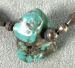 Vintage Turquoise16.5 Sterling Bead Necklace of Hand Made Melon & Bench Beads