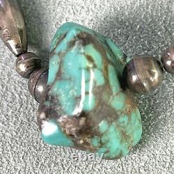 Vintage Turquoise16.5 Sterling Bead Necklace of Hand Made Melon & Bench Beads