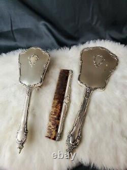 Vintage USA made Sterling Silver Hand roses 3pc Comb, Brush, & Mirror Vanity Set