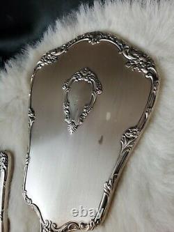 Vintage USA made Sterling Silver Hand roses 3pc Comb, Brush, & Mirror Vanity Set