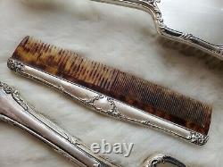 Vintage USA made Sterling Silver Hand roses 3pc Comb, Brush, & Mirror Vanity Set