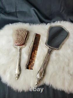 Vintage USA made Sterling Silver Hand roses 3pc Comb, Brush, & Mirror Vanity Set