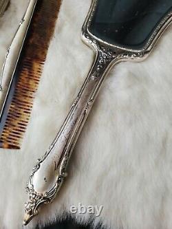 Vintage USA made Sterling Silver Hand roses 3pc Comb, Brush, & Mirror Vanity Set