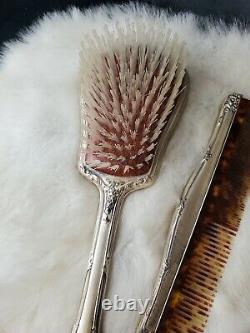 Vintage USA made Sterling Silver Hand roses 3pc Comb, Brush, & Mirror Vanity Set