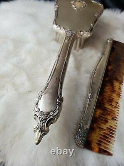 Vintage USA made Sterling Silver Hand roses 3pc Comb, Brush, & Mirror Vanity Set