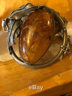 Vintage XL Baltic Amber Sterling Silver Latched Bracelet Made In Poland