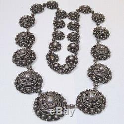 Vintage handmade silver filigree rosettes necklace Made in French Indochina 93g