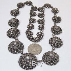 Vintage handmade silver filigree rosettes necklace Made in French Indochina 93g