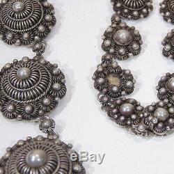 Vintage handmade silver filigree rosettes necklace Made in French Indochina 93g