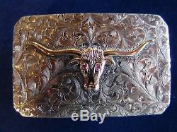 Vogt Silversmith Sterling Silver & Gold Long Horn with Pink Ruby Eyes, Made in USA