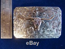Vogt Silversmith Sterling Silver & Gold Long Horn with Pink Ruby Eyes, Made in USA