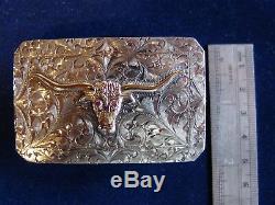 Vogt Silversmith Sterling Silver & Gold Long Horn with Pink Ruby Eyes, Made in USA