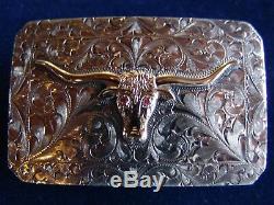 Vogt Silversmith Sterling Silver & Gold Long Horn with Pink Ruby Eyes, Made in USA