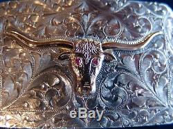 Vogt Silversmith Sterling Silver & Gold Long Horn with Pink Ruby Eyes, Made in USA