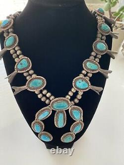 Vtg 925 Sterling Silver Navajo Made Horseshoe Turquoise Squash Blossom Necklace