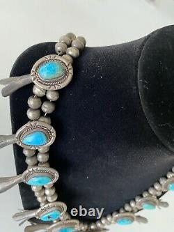 Vtg 925 Sterling Silver Navajo Made Horseshoe Turquoise Squash Blossom Necklace
