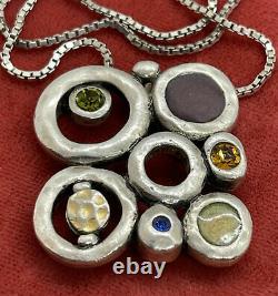 Vtg Artisan Made Multi-Gem Sterling Silver Pendant Necklace 16 17g Modernist