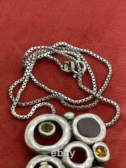 Vtg Artisan Made Multi-Gem Sterling Silver Pendant Necklace 16 17g Modernist