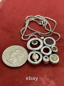Vtg Artisan Made Multi-Gem Sterling Silver Pendant Necklace 16 17g Modernist