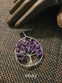 Vtg Artisan Made Sterling Silver Wire Amethyst Purple Glass Tree Of Life Pendant