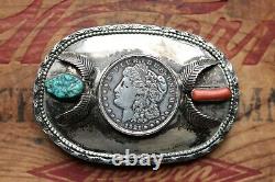 Vtg Hand Made Sterling Silver Morgan Dollar Turquoise Coral Western Belt Buckle