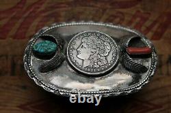 Vtg Hand Made Sterling Silver Morgan Dollar Turquoise Coral Western Belt Buckle