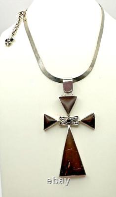 Vtg. Modern Hand Made Sterling Silver Formed Enamel Cross Pendant & 17 Necklace