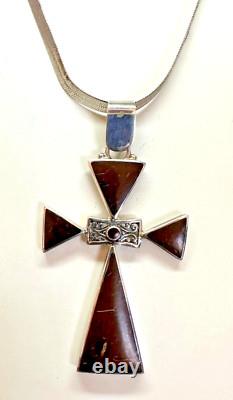 Vtg. Modern Hand Made Sterling Silver Formed Enamel Cross Pendant & 17 Necklace