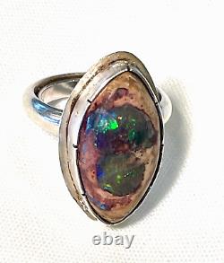 Vtg. Natural Boulder Opal Stone Ring in Sterling Silver Hand Made Size 8.5