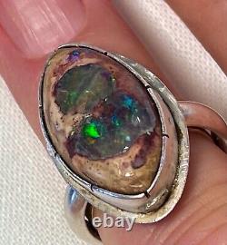 Vtg. Natural Boulder Opal Stone Ring in Sterling Silver Hand Made Size 8.5