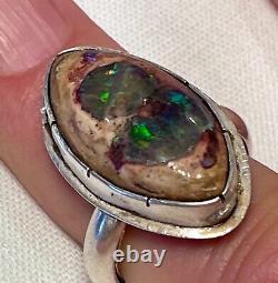 Vtg. Natural Boulder Opal Stone Ring in Sterling Silver Hand Made Size 8.5