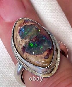 Vtg. Natural Boulder Opal Stone Ring in Sterling Silver Hand Made Size 8.5