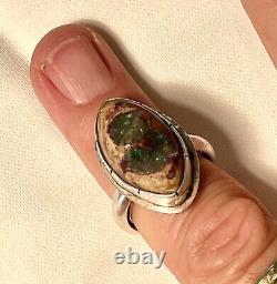 Vtg. Natural Boulder Opal Stone Ring in Sterling Silver Hand Made Size 8.5