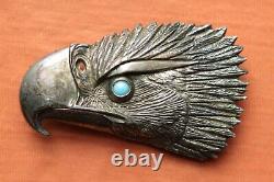 Vtg Sterling Silver Hand Made Eagle Head Turquoise Western Belt Buckle