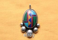 Vtg Sterling Silver Hand Made Turquoise Coral Malachite Lapis Multistone Pendant