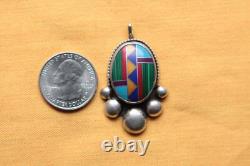 Vtg Sterling Silver Hand Made Turquoise Coral Malachite Lapis Multistone Pendant