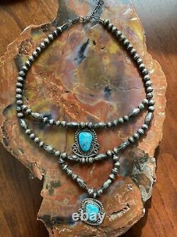 Vtg Sterling Silver Navajo Bench Made Bead & Turquoise Pendant Necklace-signed